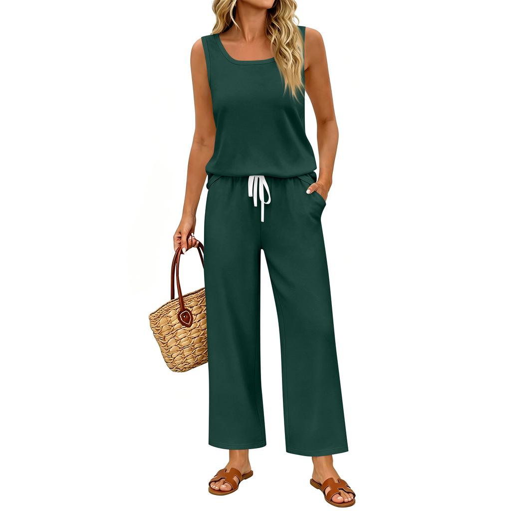 Women Sleeveless Tank Top and Wide Leg Pants Two Piece Set Casual Loose Fit Lounge Wear Suitable for Travel Vacation and Home Relaxation