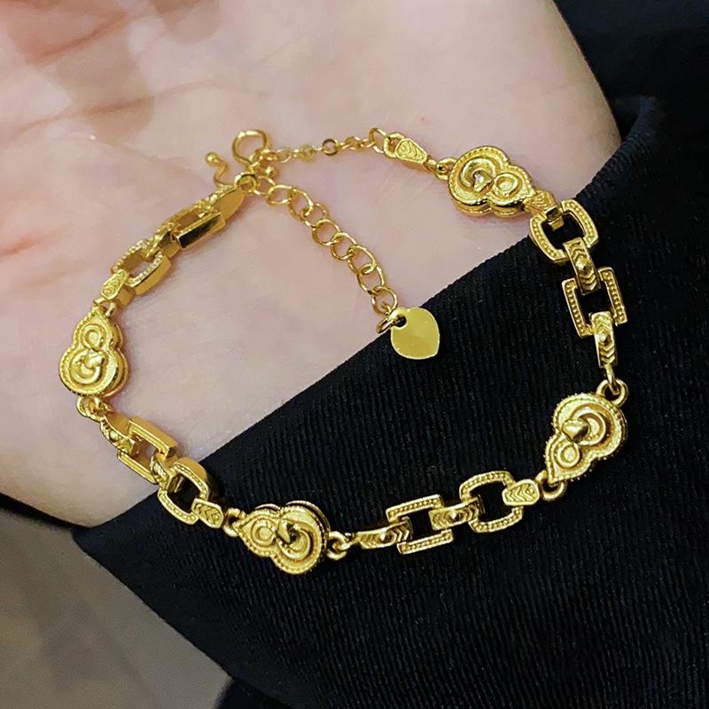 24K Gold-Plated Gourd Bracelet: New Chinese Style Retro Bangle, Light Luxury High-End Jewelry for Women