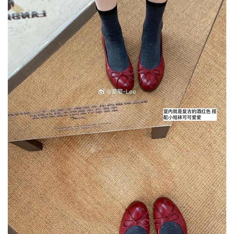 Grape Mother, the Same Oil Wax Feeling Washed Horse Skin, Small Round Head Bow, Shallow Mouth Single Shoes, Women's Versatile Ballet Flats