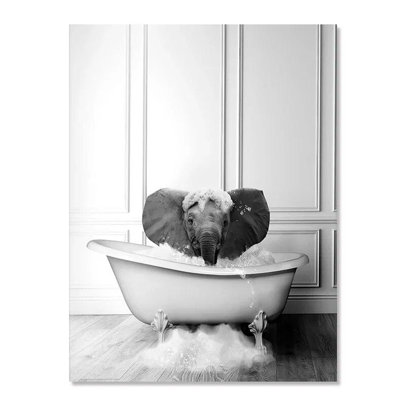 Black White Animals Elephant Penguin Giraffe In Tub Bathroom Wall Art Canvas Painting Posters and Prints Wall Picture Room Decor