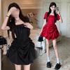 French Retro Hepburn Style Black Square Neck Short-sleeved Dress for Women's Summer New Models Can Be Worn Three Times, Waist and Thin Skirt