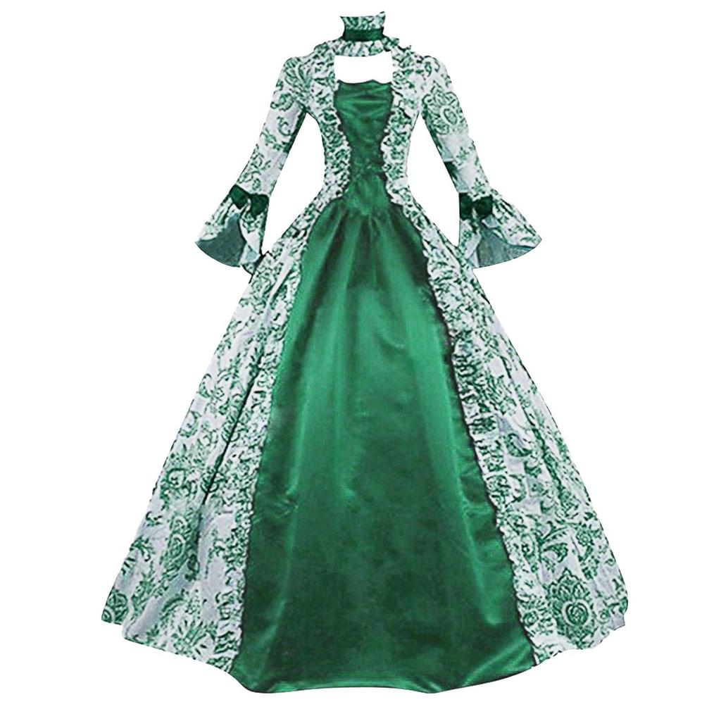  new, retro long-sleeved dress, printed temperament evening dress, cosplay dress.