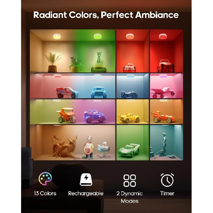 Puck Lights with Remote, Rechargeable White&13 RGB Colors Tap Lights, 6Pack | Under Cabinet Lights with Dimmer and Timer, LED Stick on Lights for