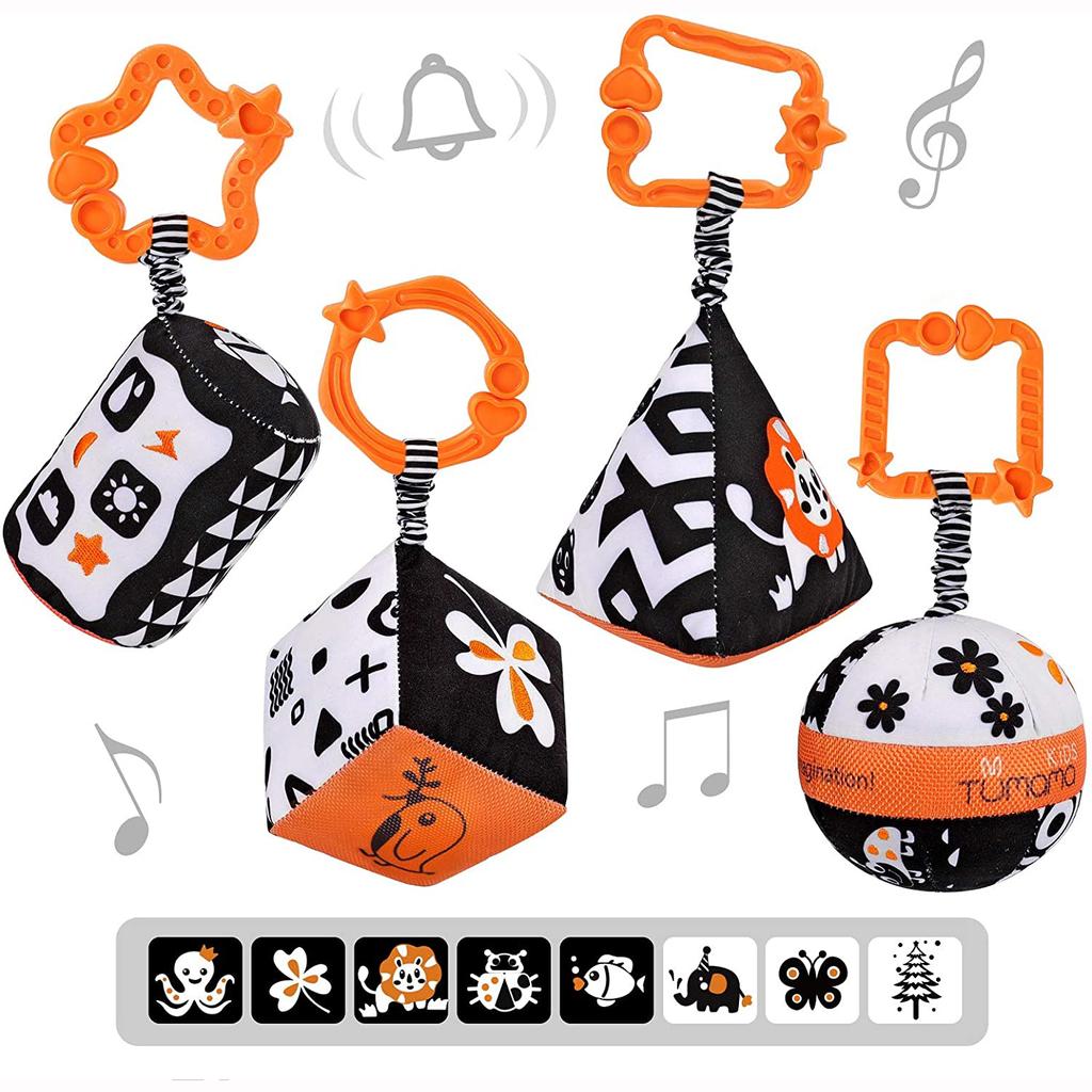 High Contrast Shapes Sets Baby Toys,Black and White Stroller Toy for Car Seat Baby Plush Rattles Rings Hanging Toy for Newborn,Toddlers Etc.(4Packs)