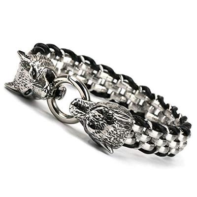 [KYASYA Prata] Pulseira de Corrente de Lobo em Aço Inoxidável 316L com Couro Genuíno de Vaca, Design Selvagem, Prata, Masculino, Hipoalergênico