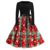 Christmas Print Flare Dress For Women Long Sleeve Dress Hollow Party Casual Dresses