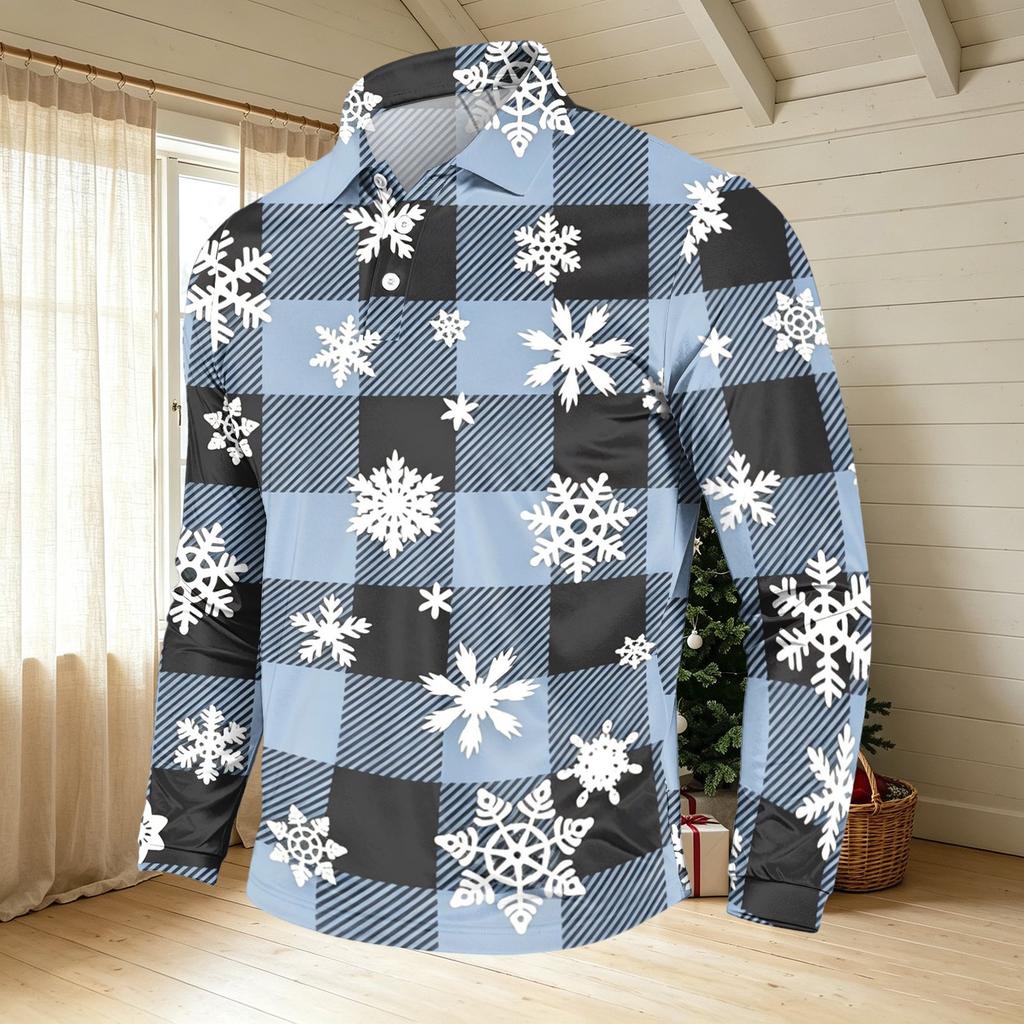 Men's Casual Long Sleeve Neck T-Shirt with Christmas Print, Holiday Party Top