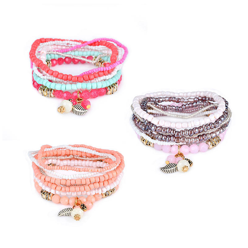 Bohemian Beaded Bracelet Wrap Multilayered Charm Leaf Wrap Wrist Bracelets Fashion Jewelry