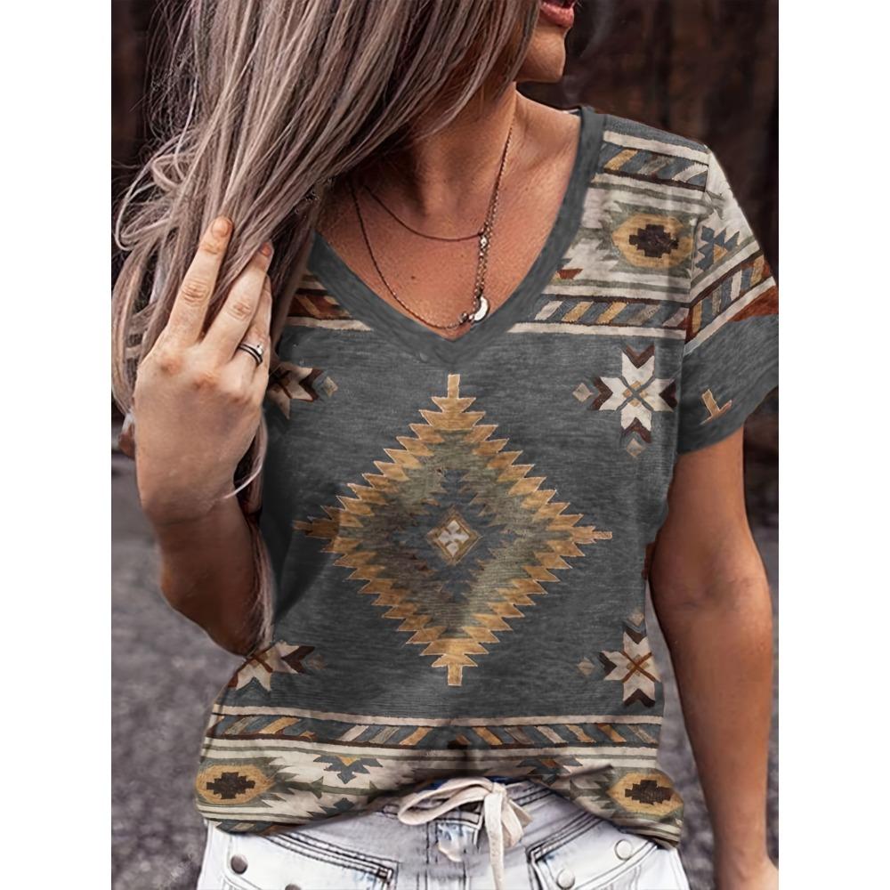 Vintage Geometric-Patterned Women'S T-Shirt | V-Neck, Short Sleeve, High Stretch Fabric, Summer Casual Wear
