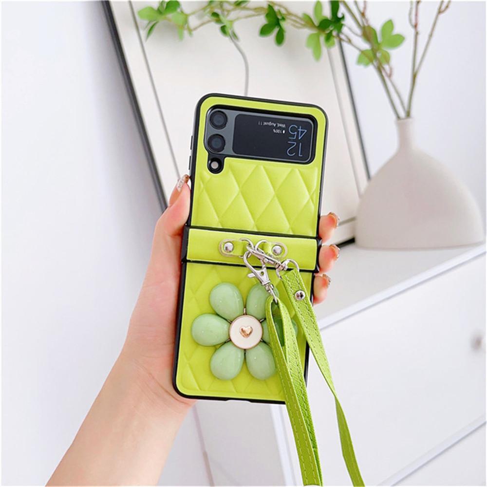 Flower Plaid Crossbody Long Chain Leather Case For Samsung Galaxy Z Flip 4 5 Case For Galaxy Z Flip 3 Cover 5G Flip