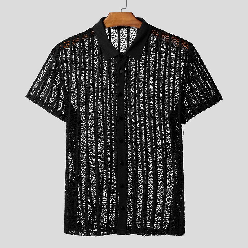 

INCERUN Men Short Sleeve Turn-down Collar Hollow Out Striped Casual Beach Tops Shirts L