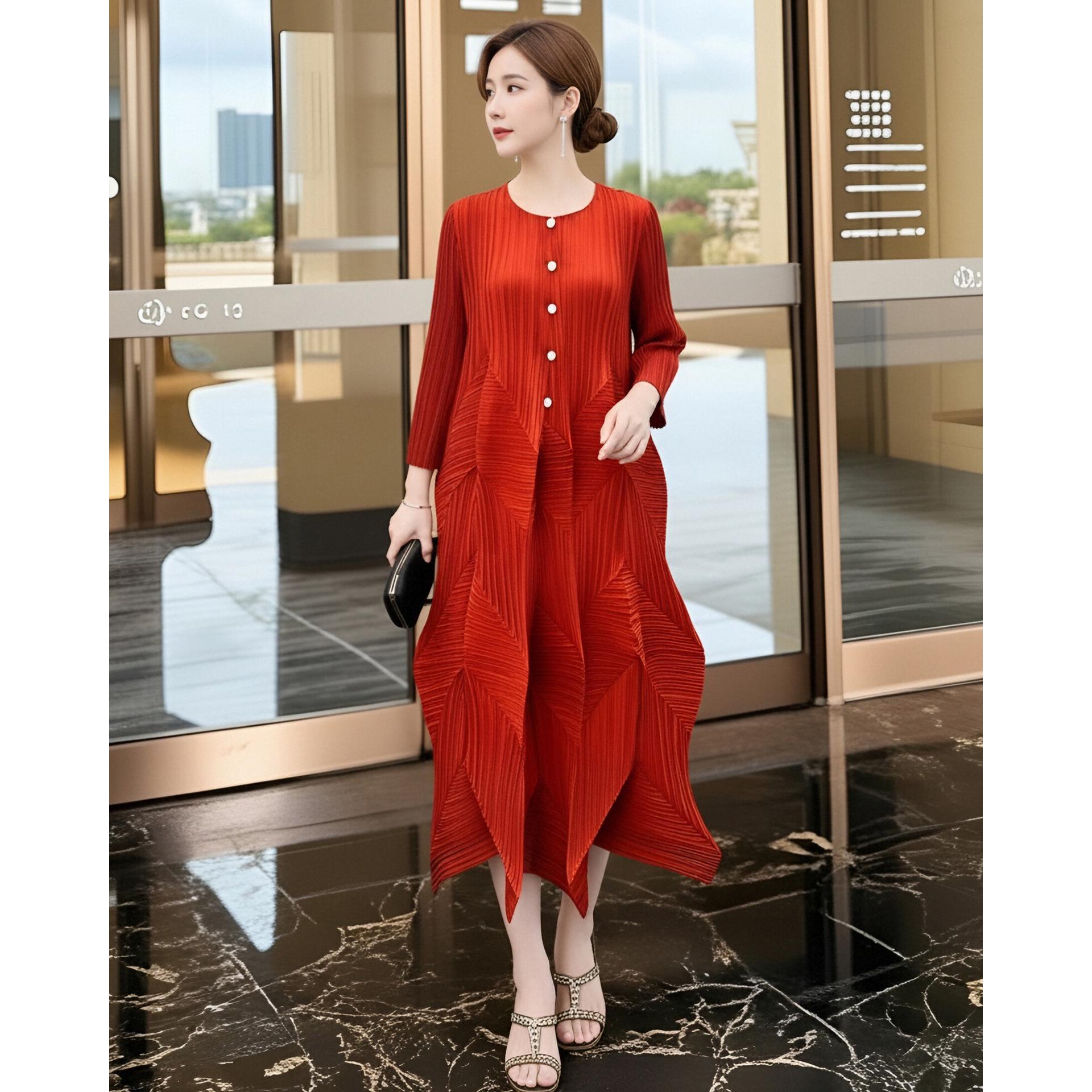 

Miyake Spring Women s Plus Size Loose Green Pleated Mid-Length Dress One Size помаранчевий