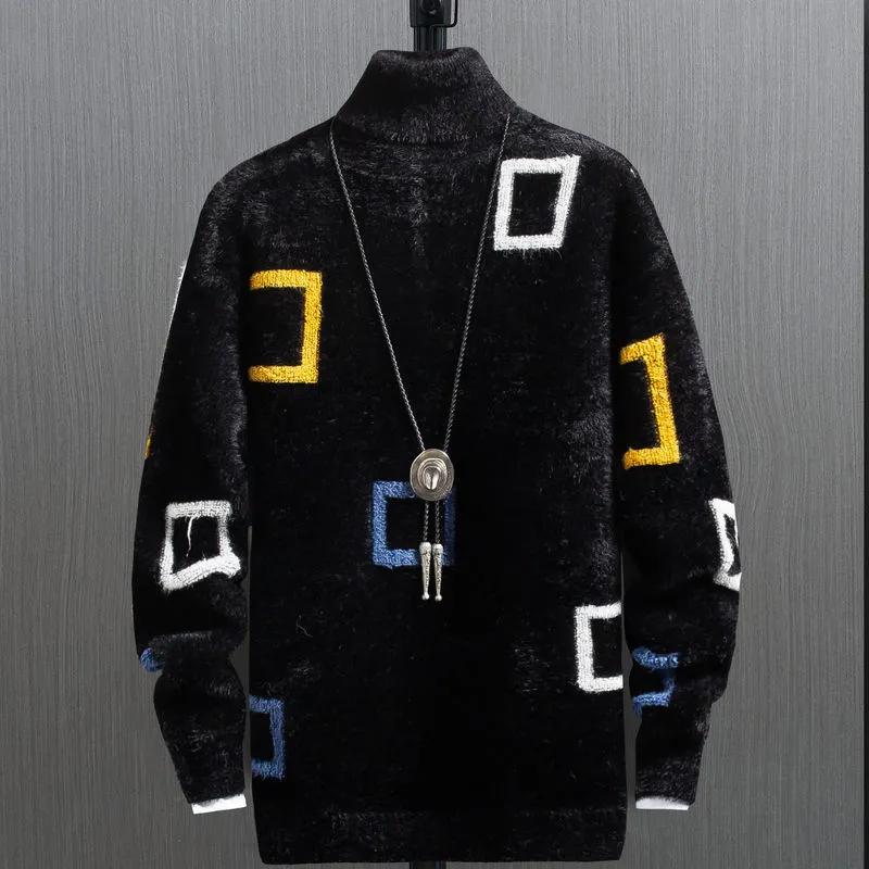 

Мужской зимний толстый свитер с высоким воротом, студенческий трикотажный облегающий теплый топ L чёрный