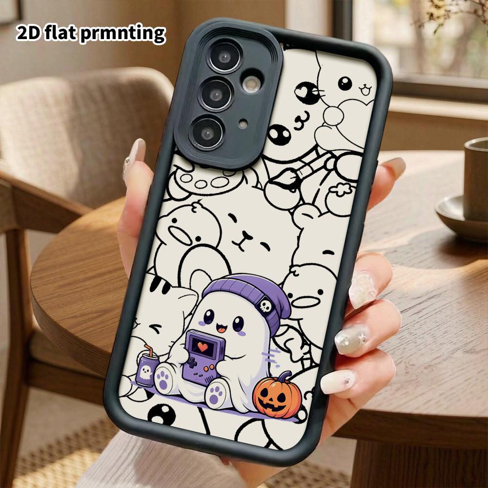 Phone Case: 2D flat, suitable for Samsung Galaxy A34 A35 M05 M06 S20 S22 S21 FE Plus 5G cases, featuring a little ghost playing a handheld console, pe