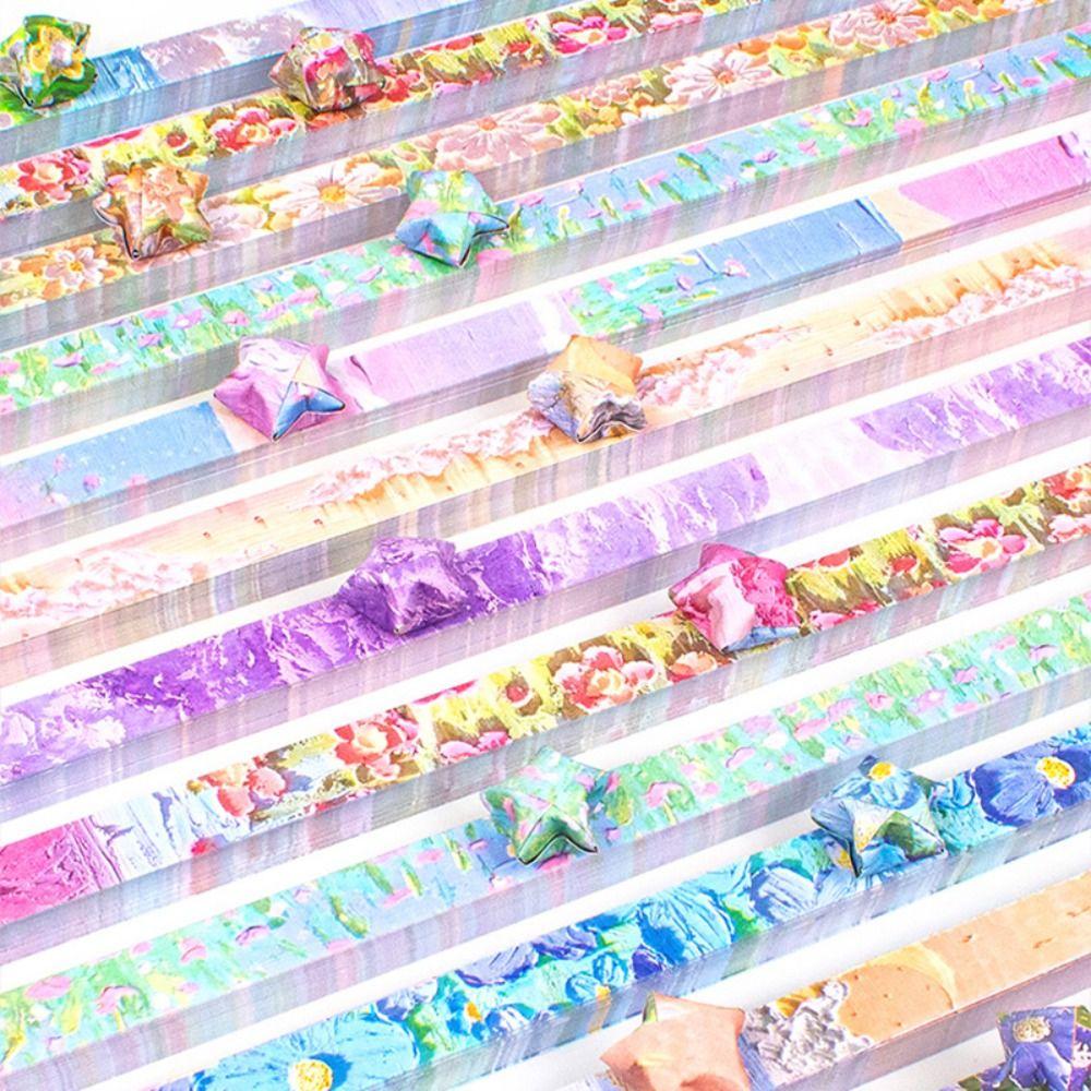 600pcs Oil Painting Star Origami Double Sided Printing Pattern DIY Handmade Paper Folding Art Paper Craft Folding Paper Strips
