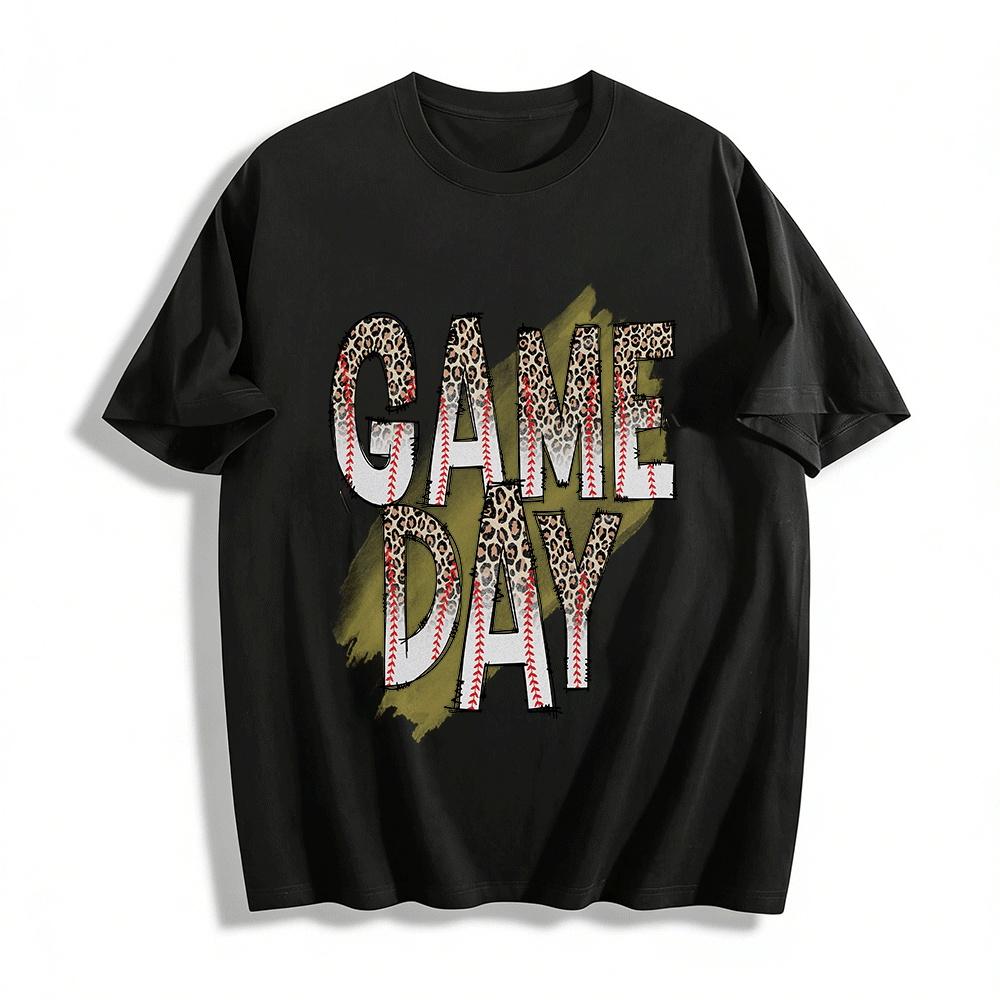 Game Day Leopard Print Baseball Graphic Tee Casual Game Day Top Pure Cotton T-shirt