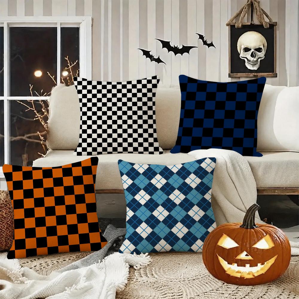 Black White Checkerboard Cushion Cover Halloween Decoration Trick Or Treat Cushion Cover Ghost Pumpkin Head Bat Decoration
