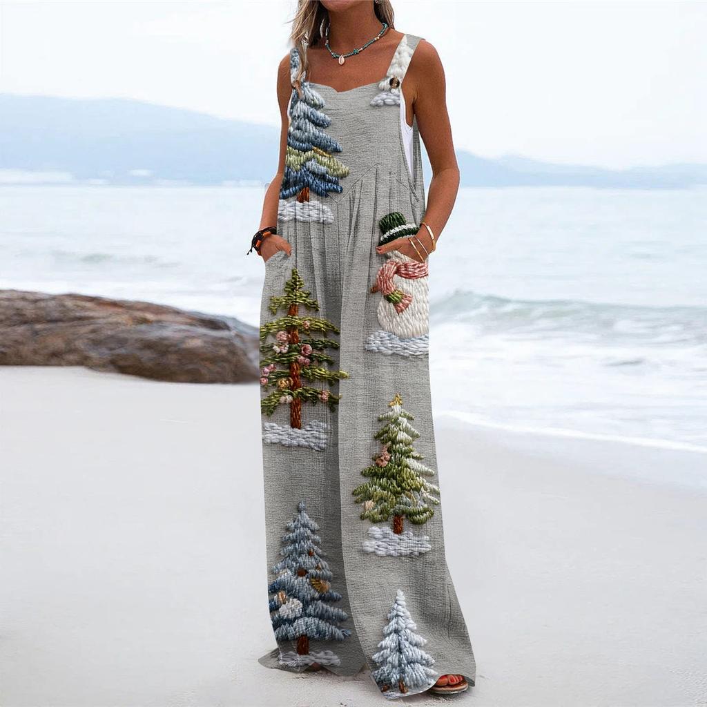 Women's Christmas Print Solid Wide Leg Strapless Tank Pocket Casual Onesie