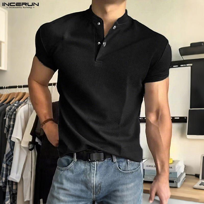 INCERUN Men Stand Neck Short Sleeve Solid Color Waffle Texture Casual Henley T-shirts Tops