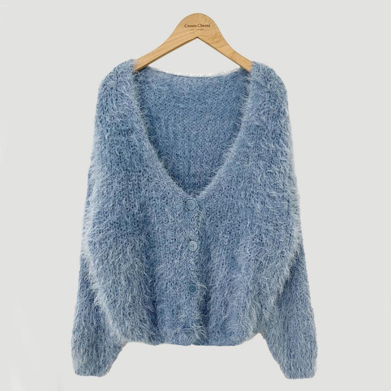 Chic Korean Faux Mink Long-Sleeve V-Neck Cardigan Sweater for Women