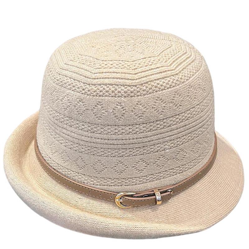 Autumn and winter new knitted basin hat women's elegant top hat upturned along the big head circumference showing the face small belt decorative bucke
