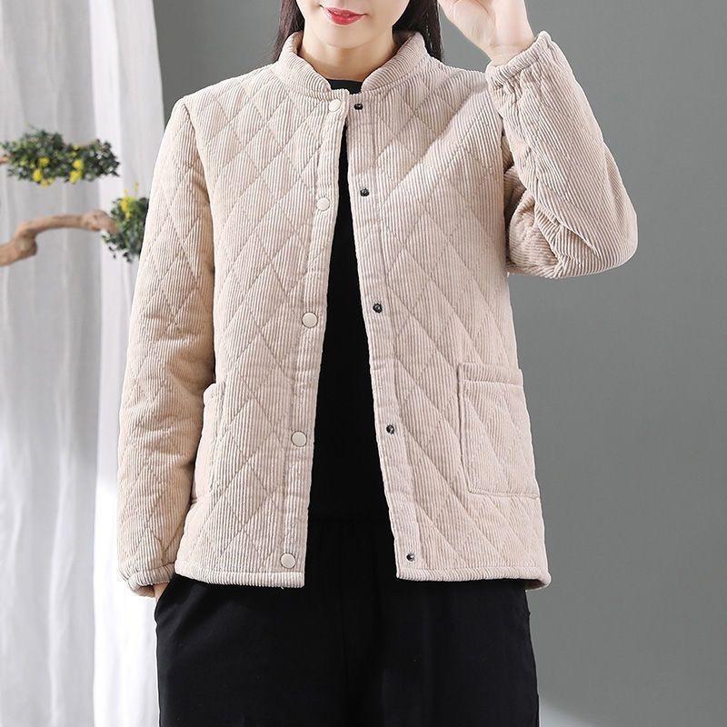 

Women s Winter Autumn Corduroy Quilted Cotton Padded Jacket Retro Loose Stand-Collar Diamond Pattern Short Corduroy Cotton Outerwear 2XL білий