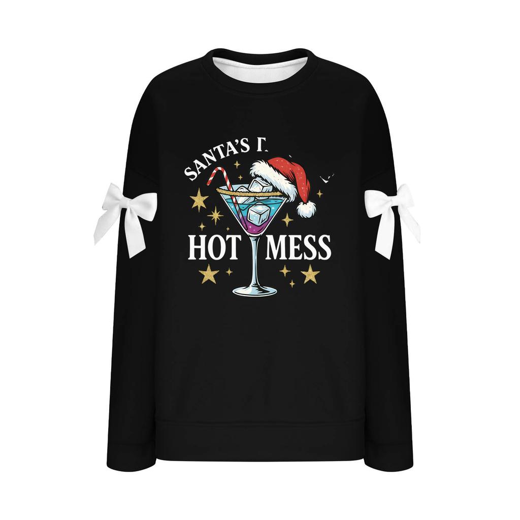 Ladies' Christmas Printed Bow Round Neck Long Sleeved Loose Pullover Sweater Sweatshirt Top