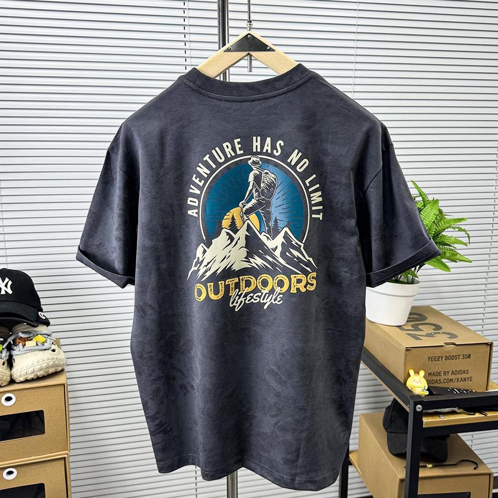 Men's Retro Mountain Print Short-Sleeve T-Shirt - Loose Fit, Round Neck, Washed Summer Pullover