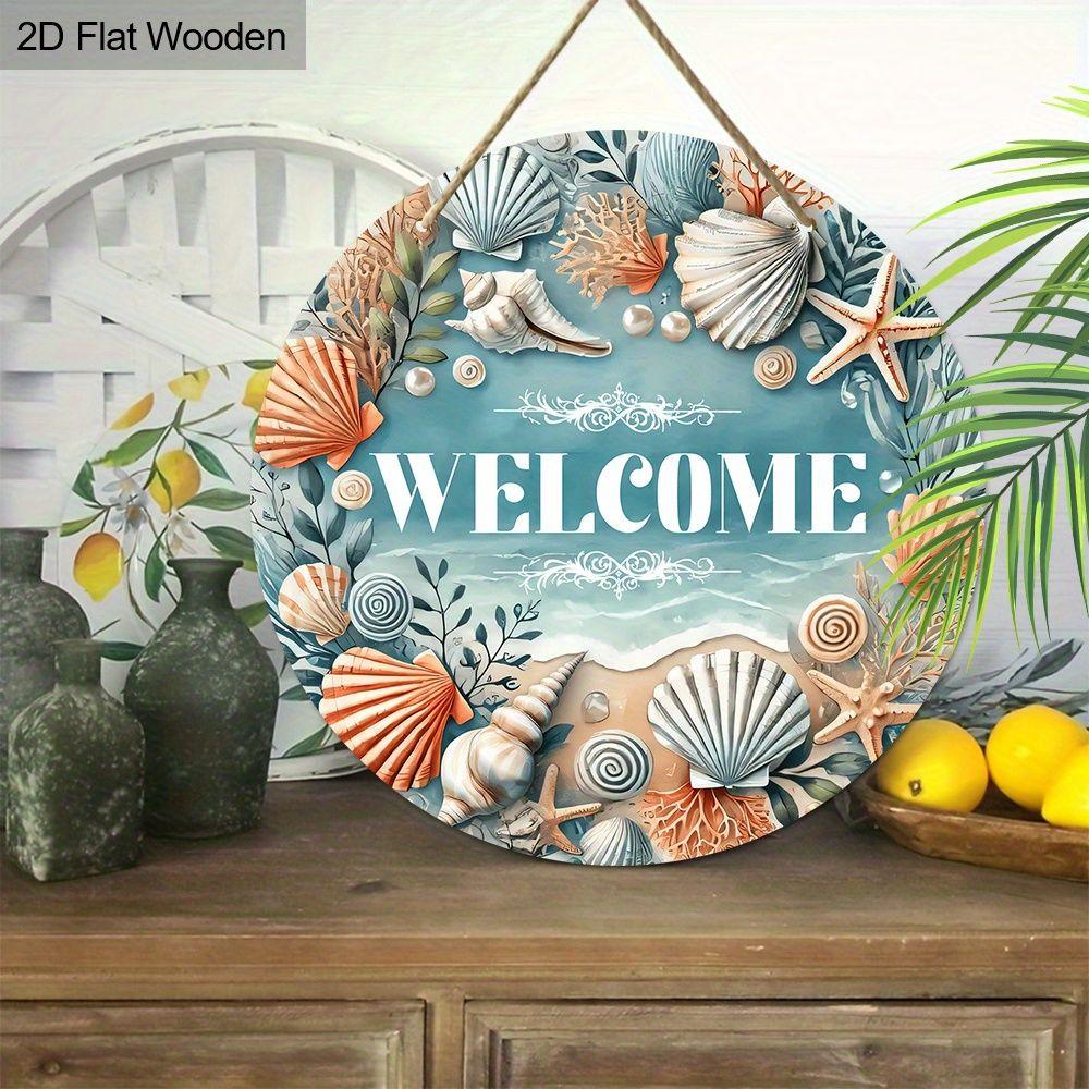 Welcome Seashell Coastal Round Wooden Hanging Sign, 2D Flat Wooden Nautical Front Door Decor