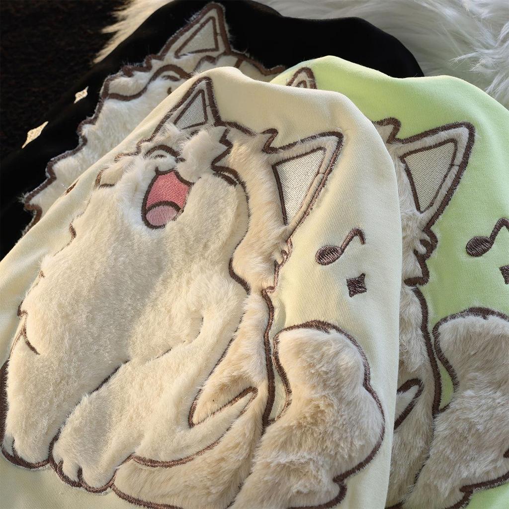 Unisex Japanisches Niedliches Katze Beflocktes Lockeres College-Stil Sommer-T-Shirt