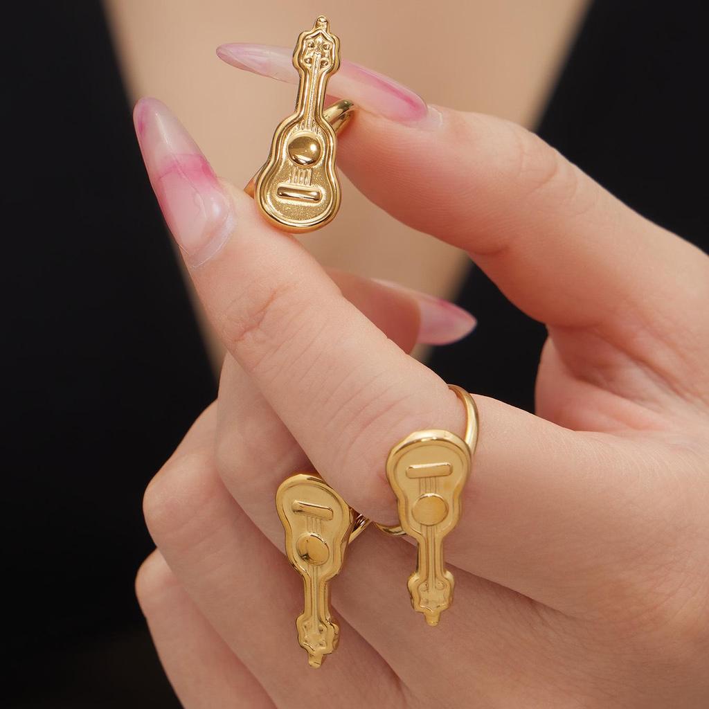 18K Gold-Plated Stainless Steel Guitar Open Ring - Trendy College Style Accessory with Niche Design.