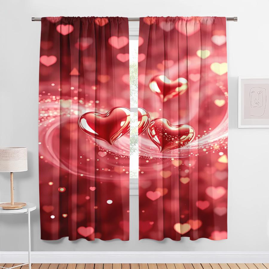 2PCS Red Gold Heart-shaped Curtains   Romantic Style   Bedroom and Living Room   Decorative Curtains with Drawbar Pockets