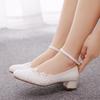 Large Size 3 Cm Square Heel Round Toe Single Shoes One-line Wristband Single Shoes Spring and Autumn Lace Wedding Shoes Women's White Shoes