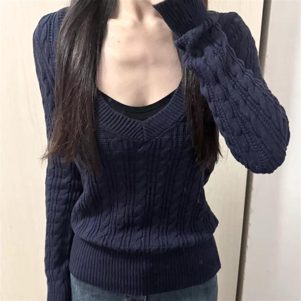 Pull en Maille Fin à Col en V Mode Automne Nouveau Haut pour Femme Pull en Tricot à Manches Longues Blanc Pull Doux Pièce Unique