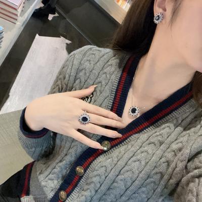 Hot Pop Simulation Jewelry High Jewelry Blue Stud Earrings Necklace Three-Piece Set