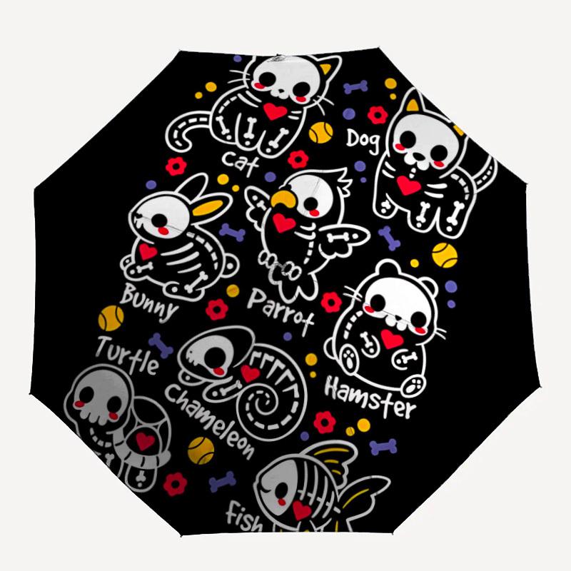 1pc Pet Animal Skull Cute Automatic Open/close, Heavy-Duty Iron Frame & 8-Rib Structure, Compact Folding Umbrella for Women/Men, All-Season Travel, Ha
