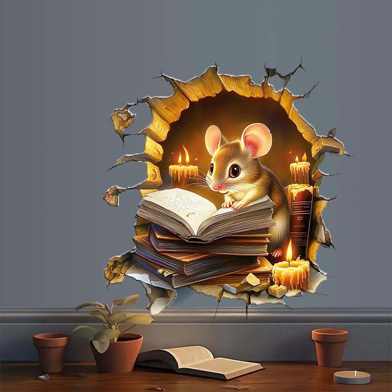 Cozy Cartoon Mouse Reading Book by Candlelight At Mouse Hole Toilet Wall Sticker Self-Adhesive Bathroom Home Decor Art Wholesale