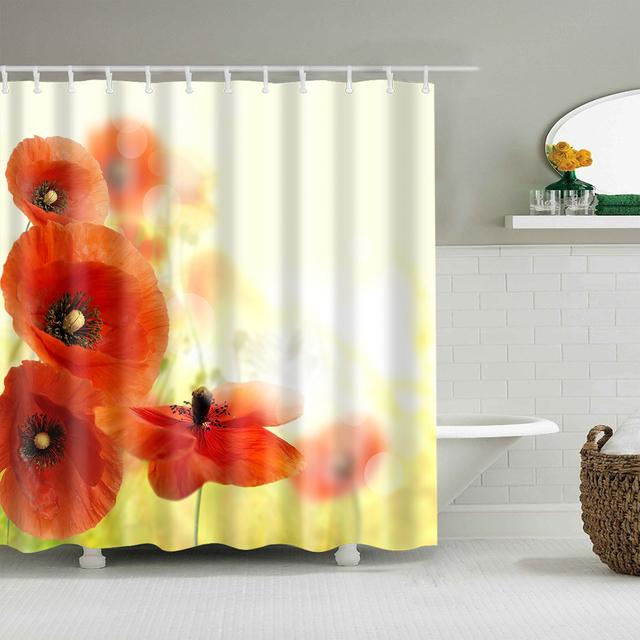 Japanese Style Cherry Blossoms Red Rose Shower Curtains Bathroom Curtain Frabic Waterproof Polyester Bathroom Curtain with Hooks