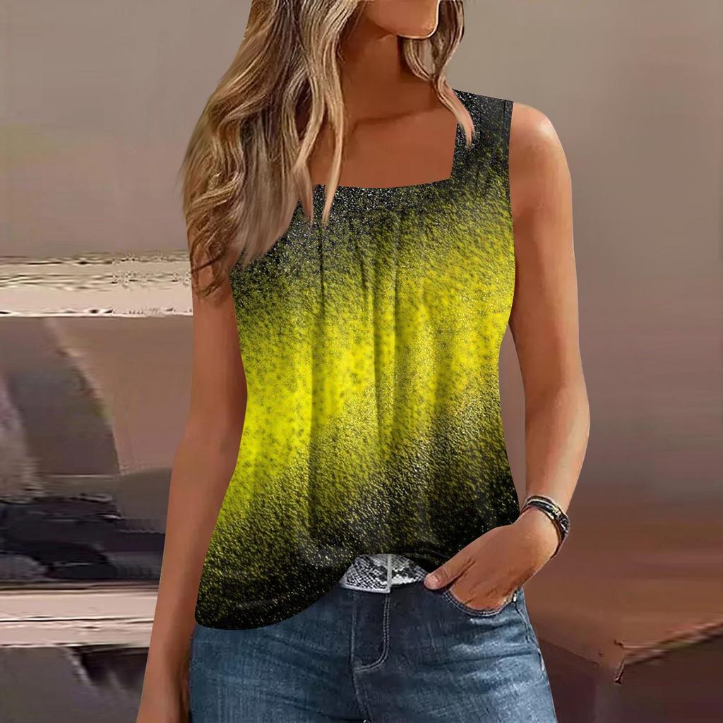 Damski letni, swobodny, plisowany, kwadratowy dekolt, bezrękawnik, nadrukowany T-shirt