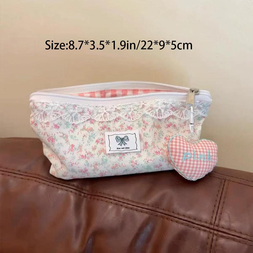 Fresh lace pink floral bow pencil case, student stationery storage, pencil case, cute makeup bag