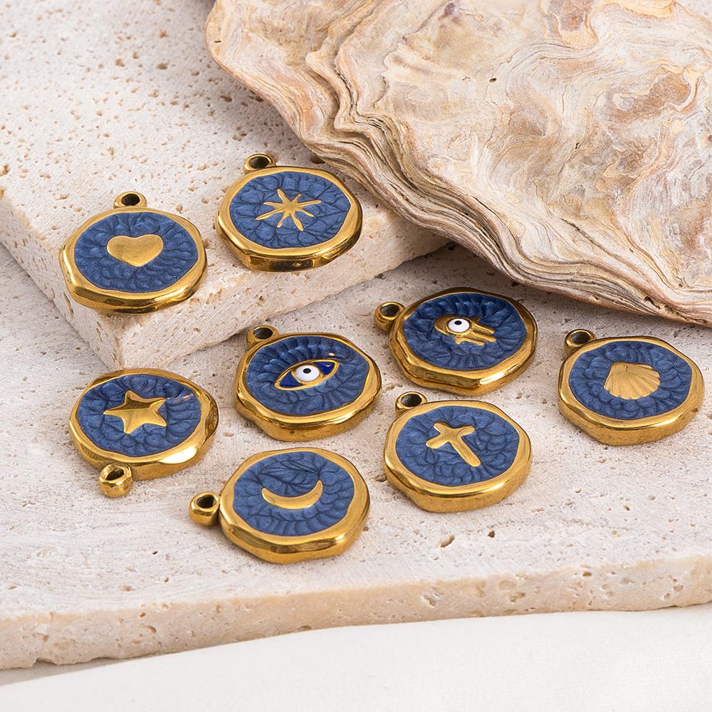 5 Pcs/Lot French Retro Style Enameled Round Stainless Steel Multi Pattern Pendant For DIY Necklace Jewelry Accessories Wholesale