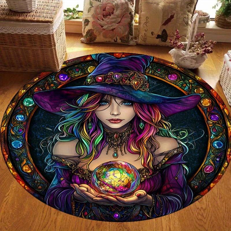 Wizard Theme Round Rug, Purple Hat Magician with Crystal Ball Design, Colorful Gem Border Magic Carpet for Home Decor