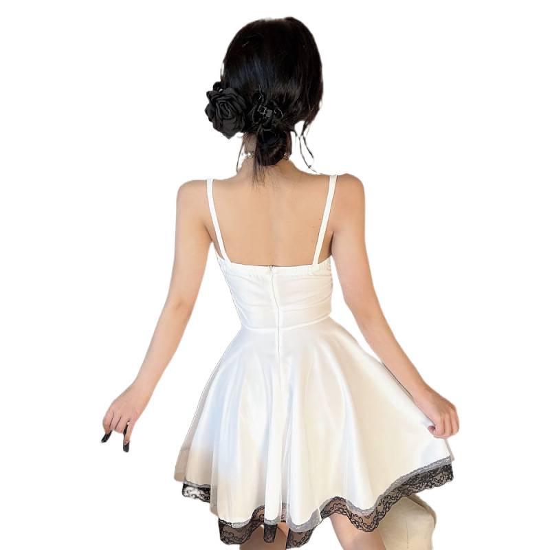 Sweet Princess Mesh Patchwork Camisole Dress – Elegant Waist-Cinched A-Line Mini with Open Back