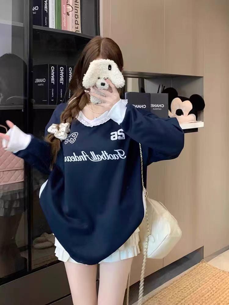 Women's V-Neck Lace Sweatshirt: Autumn-Winter Ballet Style, Navy Blue, Loose Slimming Fit