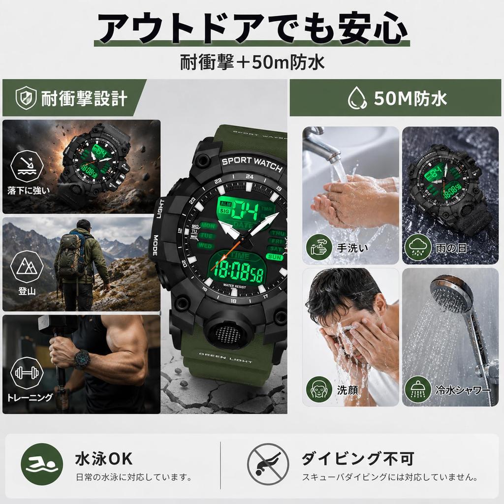 Men's Watch, Big Face, Analog-Digital, 50M Water Resistant, Military Watch, LED Backlight, Shockproof