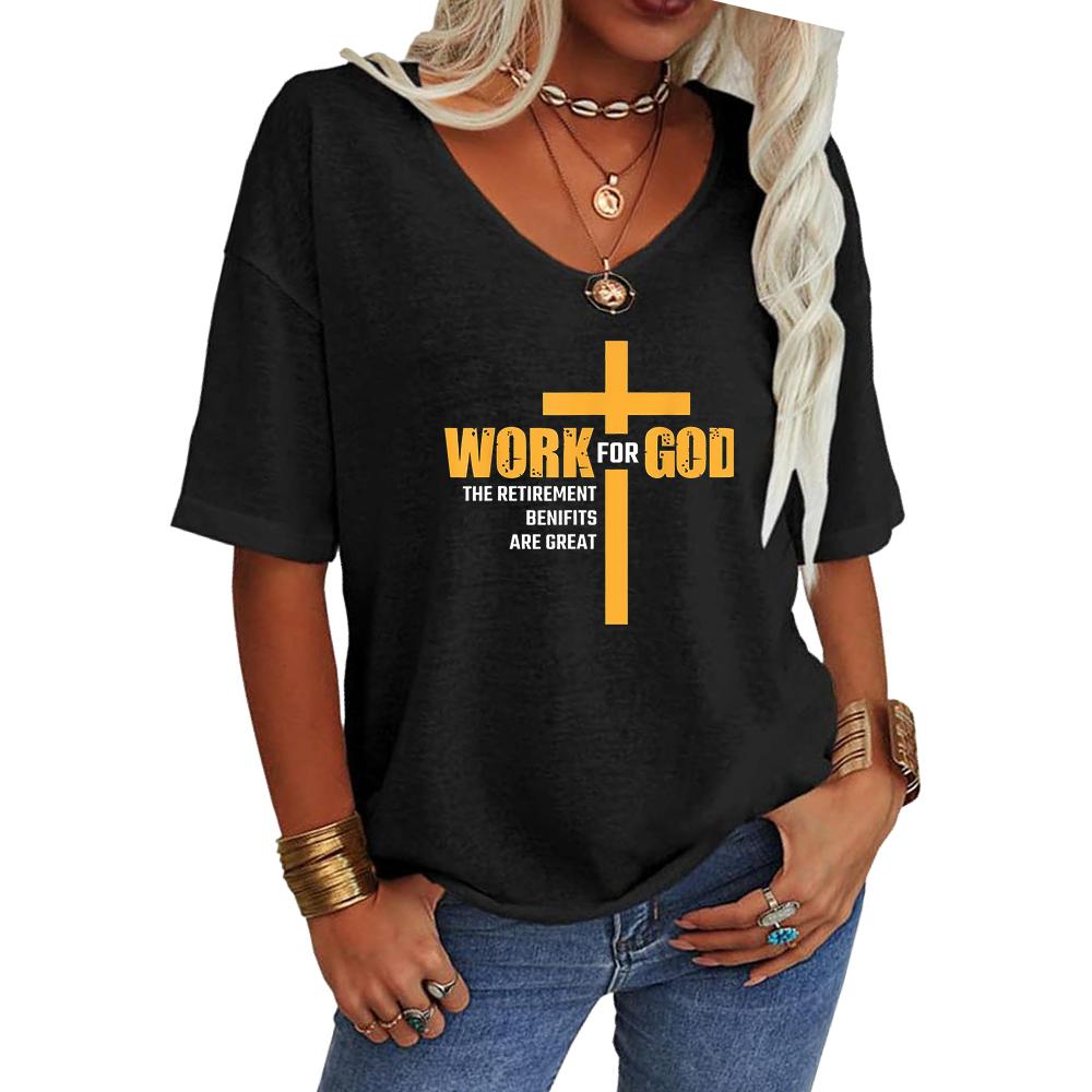 Women Fashion V Neck Tee Shirt Summer Casual Short Sleeve Top Loose Letter Print T-shirt
