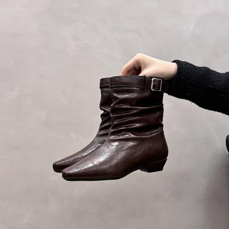 

New Style Leather Belt Buckle Pointed Toe High-heel Shoes with Pleated Boots for Autumn and Winter 39 коричневий