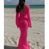 Stile Europeo e Americano Donna Estate Nuovo Texture Bucherellata Scollo a V Fibbia Rotonda Manica Lunga Vacanza Abito Lungo Spiaggia Protezione Solare Scollo a Laccio Gonna Lunga