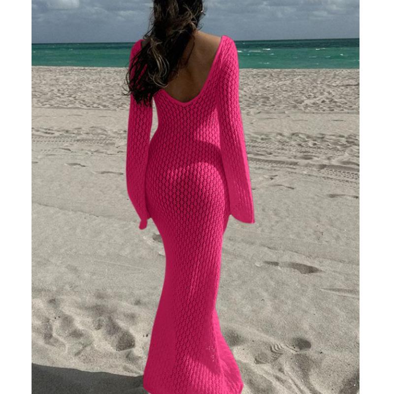 Stile Europeo e Americano Donna Estate Nuovo Texture Bucherellata Scollo a V Fibbia Rotonda Manica Lunga Vacanza Abito Lungo Spiaggia Protezione Solare Scollo a Laccio Gonna Lunga