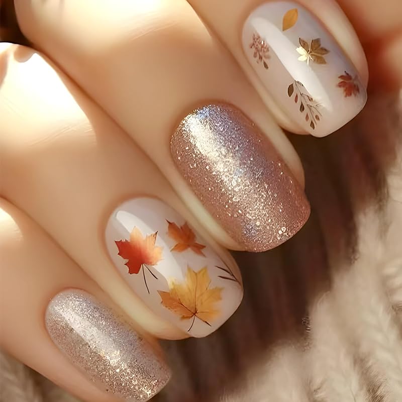 30Pcs Thanksgiving Press on Nails Short Round Shape French Tip Fake Nails with Pumpkin Pie Designs Full Cover Fall Acrylic Nails Thanksgiving Turkey